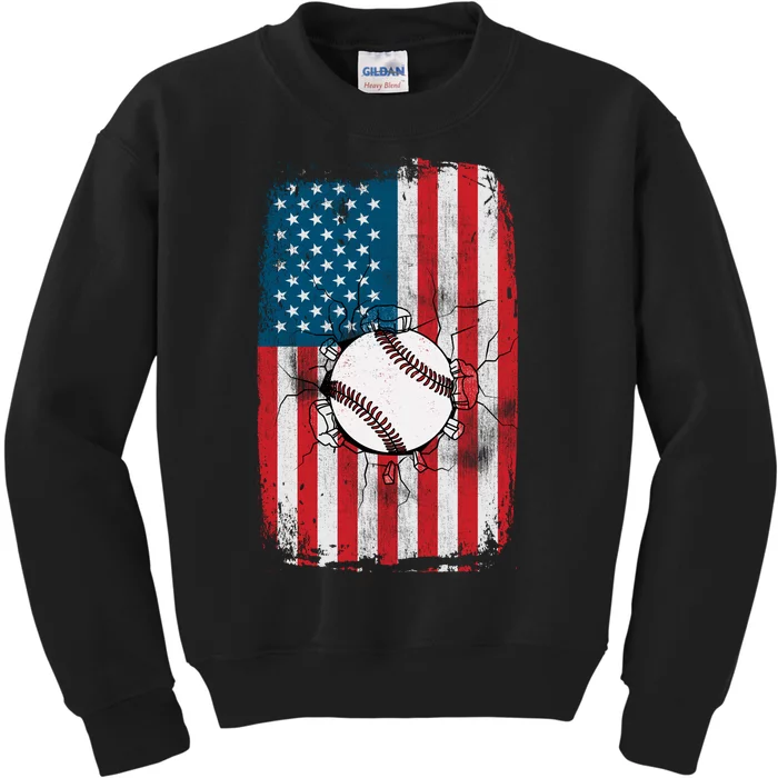 Distressed USA American Flag Baseball Kids Sweatshirt