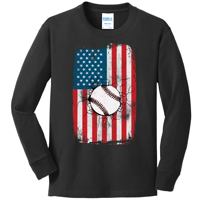 Distressed USA American Flag Baseball Kids Long Sleeve Shirt