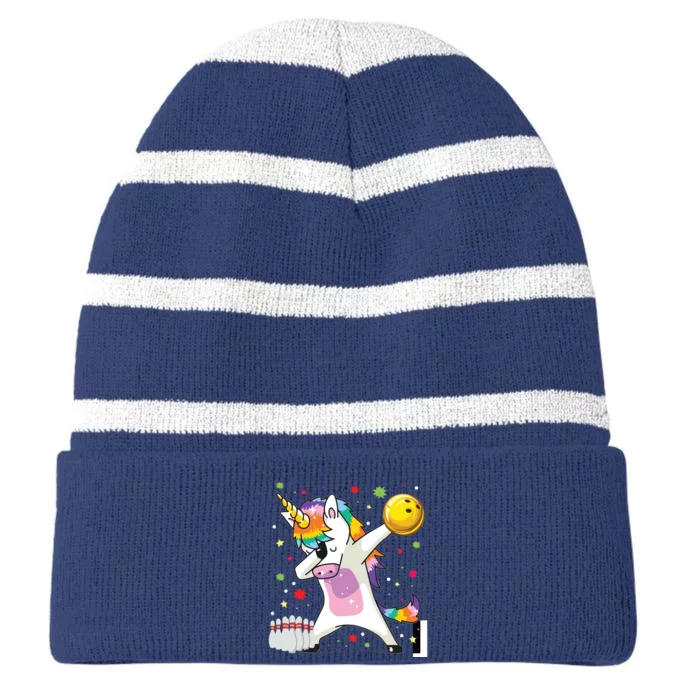 Dabbing Unicorn Bowling Funny Bowling Striped Beanie with Solid Band