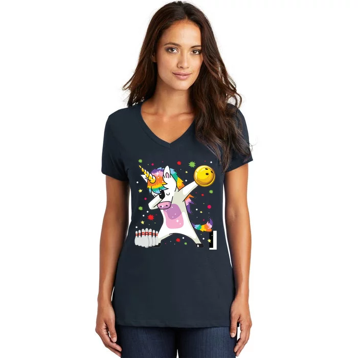 Dabbing Unicorn Bowling Funny Bowling Women's V-Neck T-Shirt