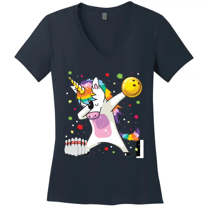 Dabbing Unicorn Bowling Funny Bowling Women's V-Neck T-Shirt