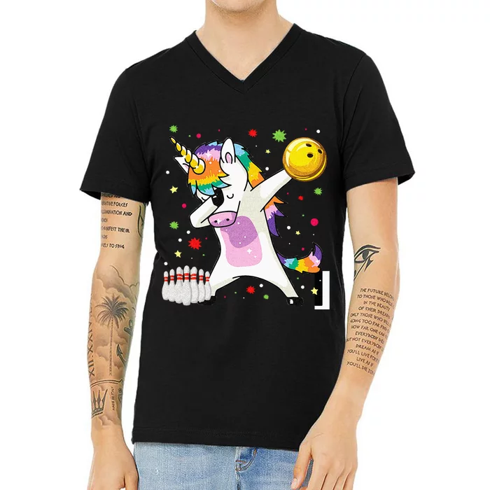 Dabbing Unicorn Bowling Funny Bowling Boy Girl V-Neck T-Shirt