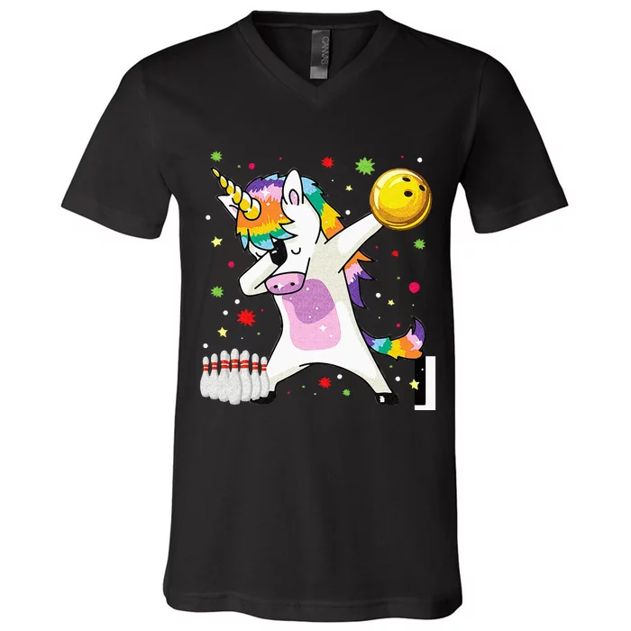 Dabbing Unicorn Bowling Funny Bowling Boy Girl V-Neck T-Shirt