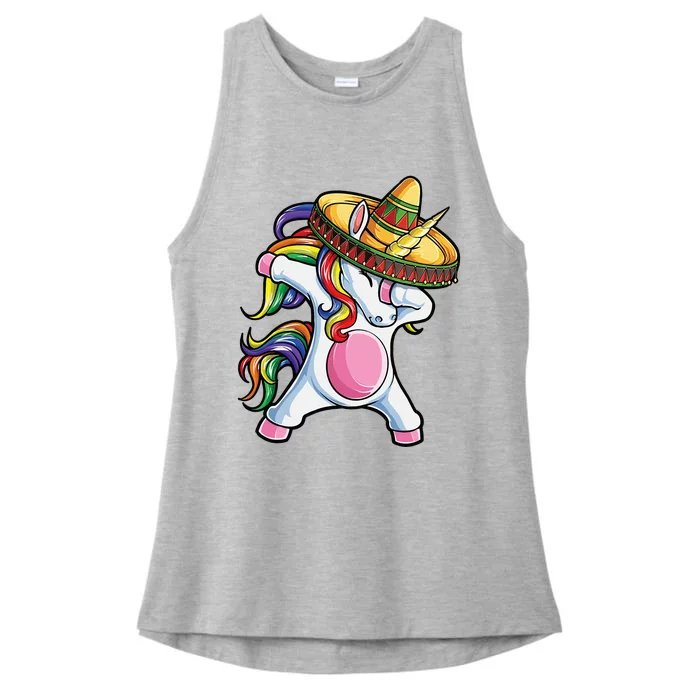 Dabbing Unicorn Cinco de Mayo Rainbow Sombrero Ladies Tri-Blend Wicking Tank