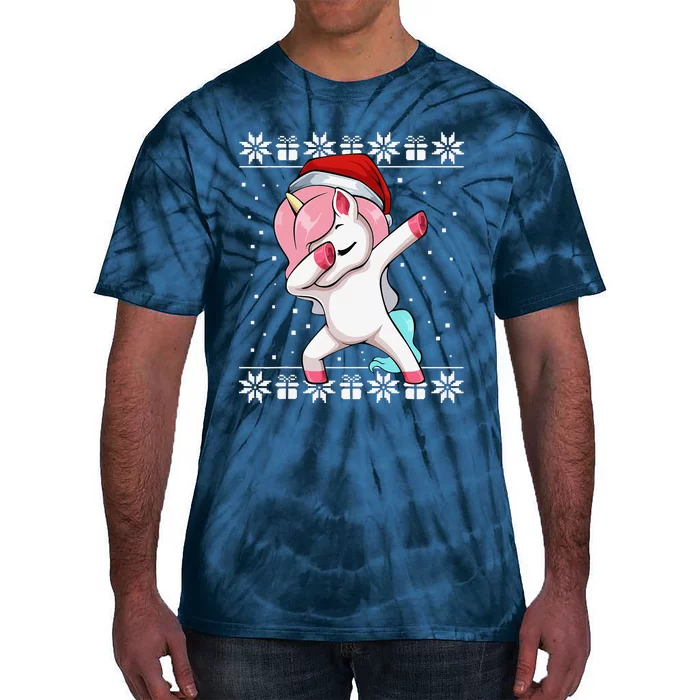 Dabbing Unicorn Christmas Pajama Cute Ugly XMas Santa Hat Tie-Dye T-Shirt