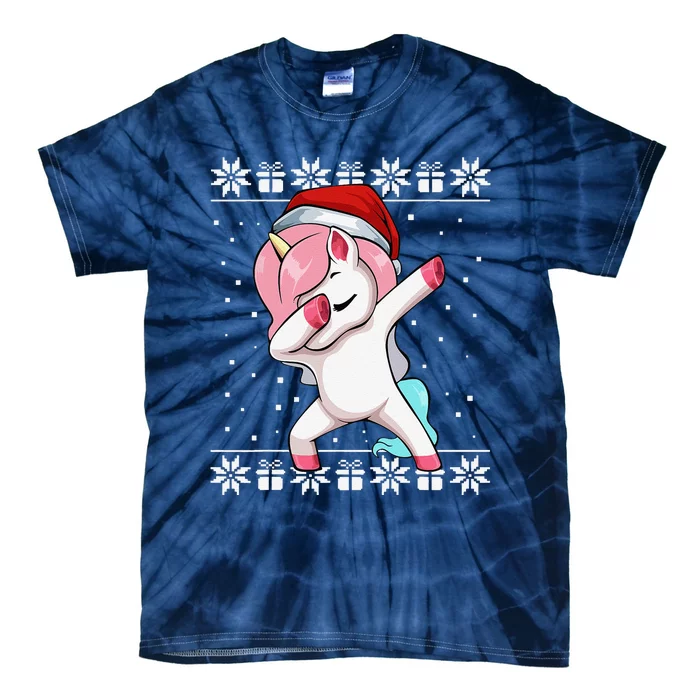 Dabbing Unicorn Christmas Pajama Cute Ugly XMas Santa Hat Tie-Dye T-Shirt