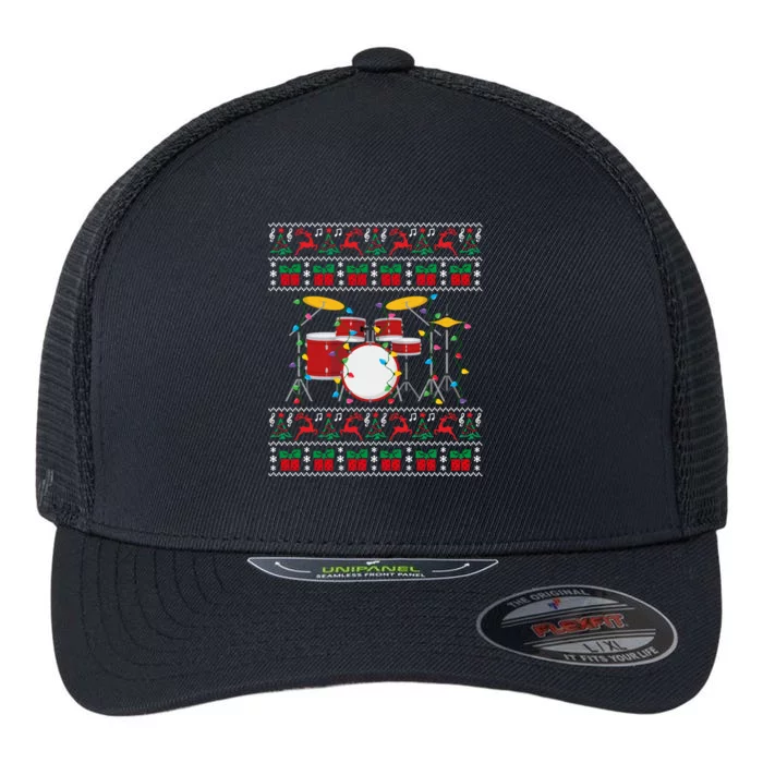 Drum Ugly Christmas Sweater Drummer Xmas Lights Family Gift Flexfit Unipanel Trucker Cap