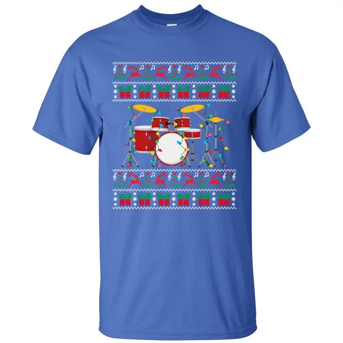 Drum Ugly Christmas Sweater Drummer Xmas Lights Family Gift Tall T-Shirt