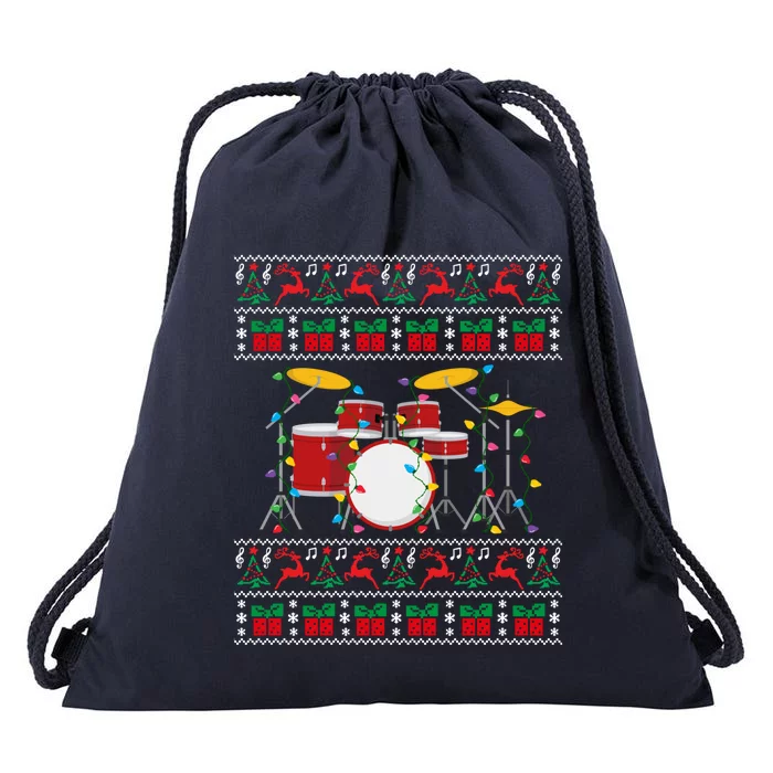 Drum Ugly Christmas Sweater Drummer Xmas Lights Family Gift Drawstring Bag