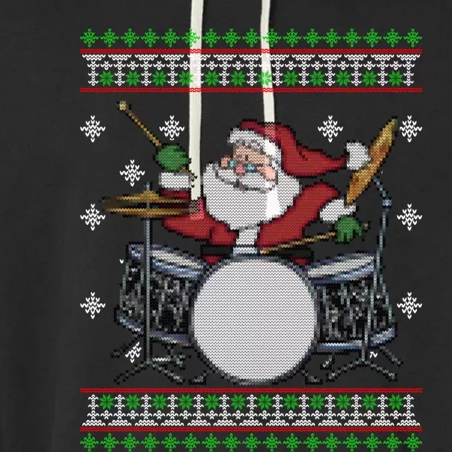 Drummer Ugly Christmas Sweater Santa Claus Playing Gift Garment-Dyed Fleece Hoodie