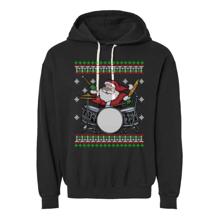 Drummer Ugly Christmas Sweater Santa Claus Playing Gift Garment-Dyed Fleece Hoodie