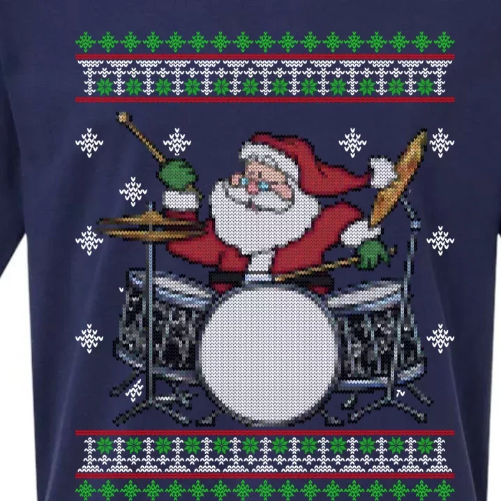 Drummer Ugly Christmas Sweater Santa Claus Playing Gift Sueded Cloud Jersey T-Shirt