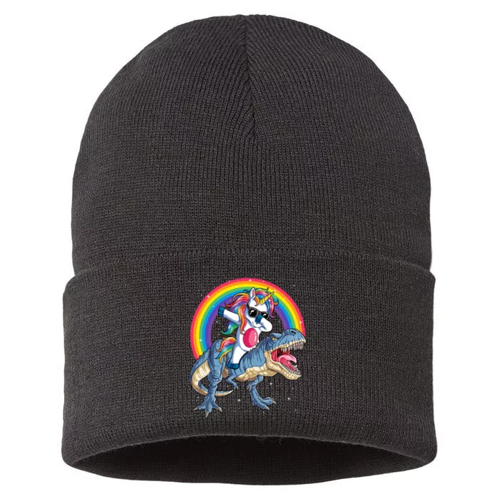 Dabbing Unicorn Dinosaur T Rex Rainbow Galaxy Sustainable Knit Beanie