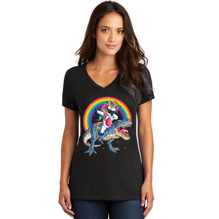 Dabbing Unicorn Dinosaur T Rex Rainbow Galaxy Women's V-Neck T-Shirt