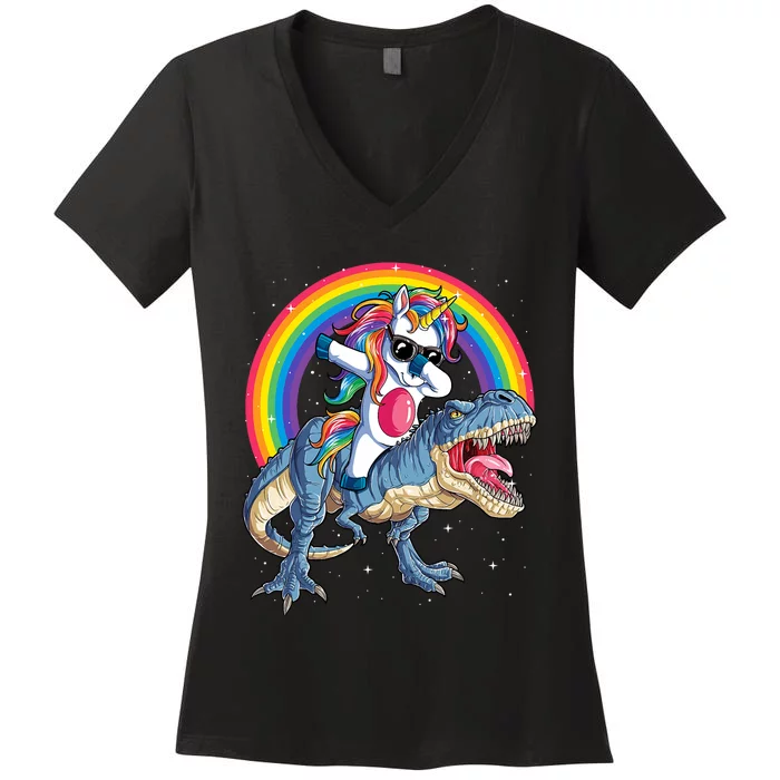 Dabbing Unicorn Dinosaur T Rex Rainbow Galaxy Women's V-Neck T-Shirt