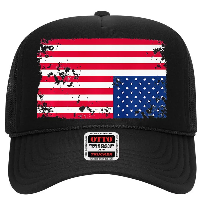 Distress Upside Down American Flag High Crown Mesh Trucker Hat