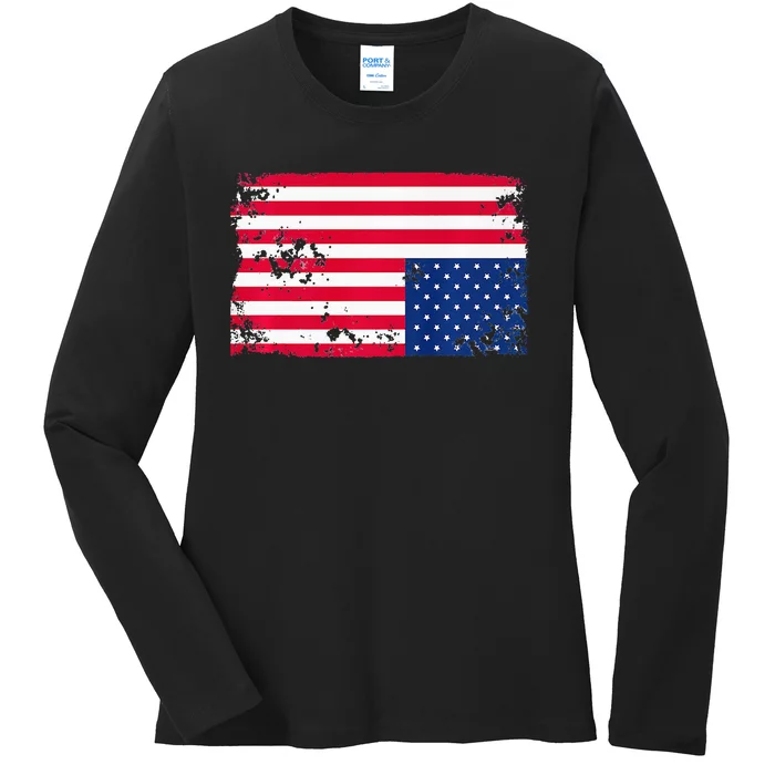 Distress Upside Down American Flag Ladies Long Sleeve Shirt