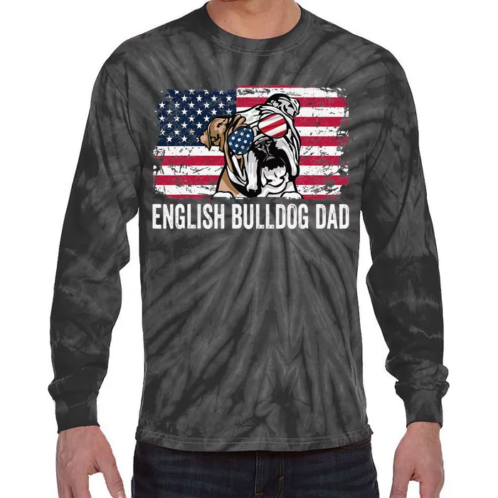 Distressed USA Flag English Bulldog Dad Fathers Day Tie-Dye Long Sleeve Shirt