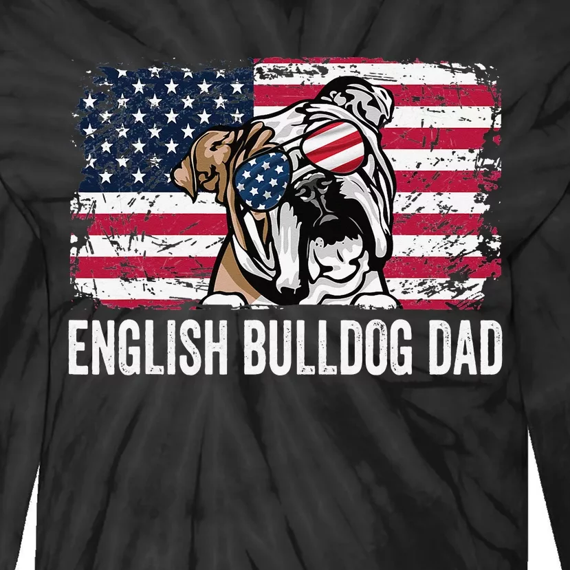 Distressed USA Flag English Bulldog Dad Fathers Day Tie-Dye Long Sleeve Shirt