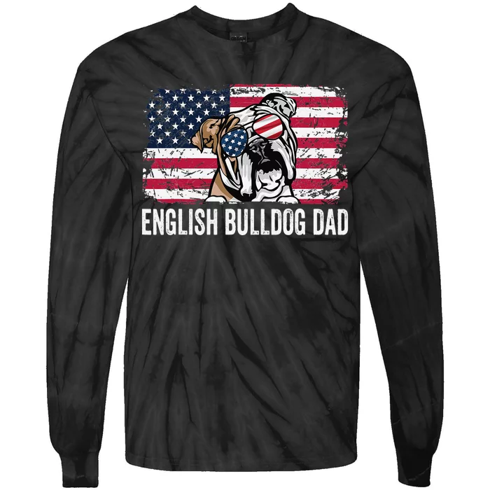 Distressed USA Flag English Bulldog Dad Fathers Day Tie-Dye Long Sleeve Shirt