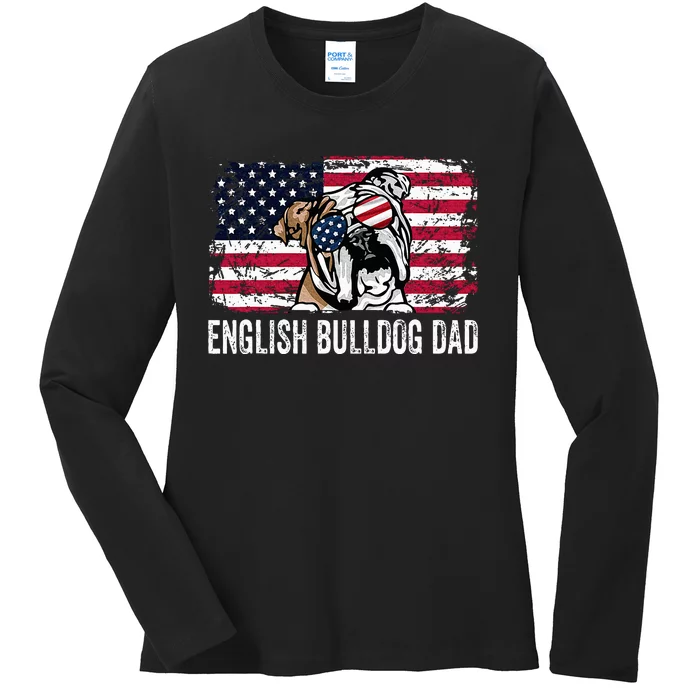 Distressed Usa Flag English Bulldog Dad Fathers Day Ladies Long Sleeve Shirt