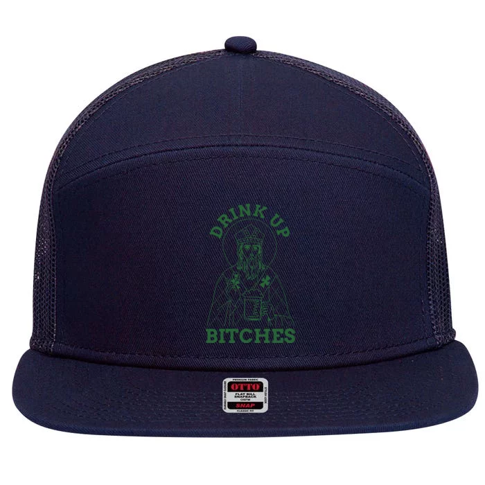 Drink Up Funny Bitches St Patrick's Day Funny Irish Shamrocks 7 Panel Mesh Trucker Snapback Hat