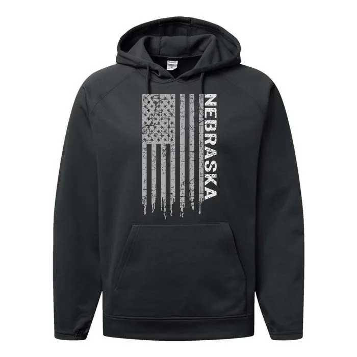 Distressed Usa Flag Patriotic American From Nebraska Performance Fleece Hoodie