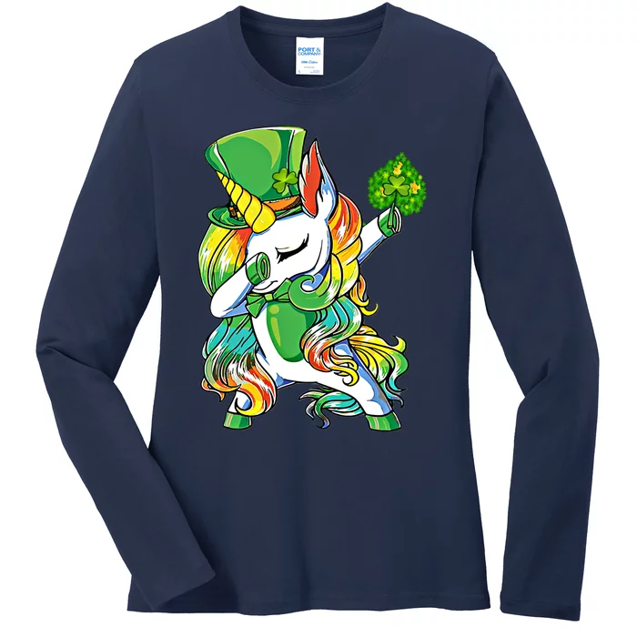 Dabbing Unicorn Funny Saint Patricks Day Shamrock Lepricorn Gift Ladies Long Sleeve Shirt