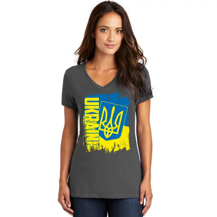 Distressed Ukraine Flag Stand With Support Ukraine Women's V-Neck T-Shirt