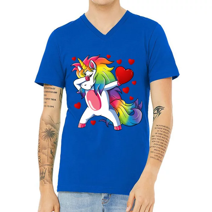 Dabbing Unicorn Heart Valentines Day Rainbow Gift Cool Gift V-Neck T-Shirt