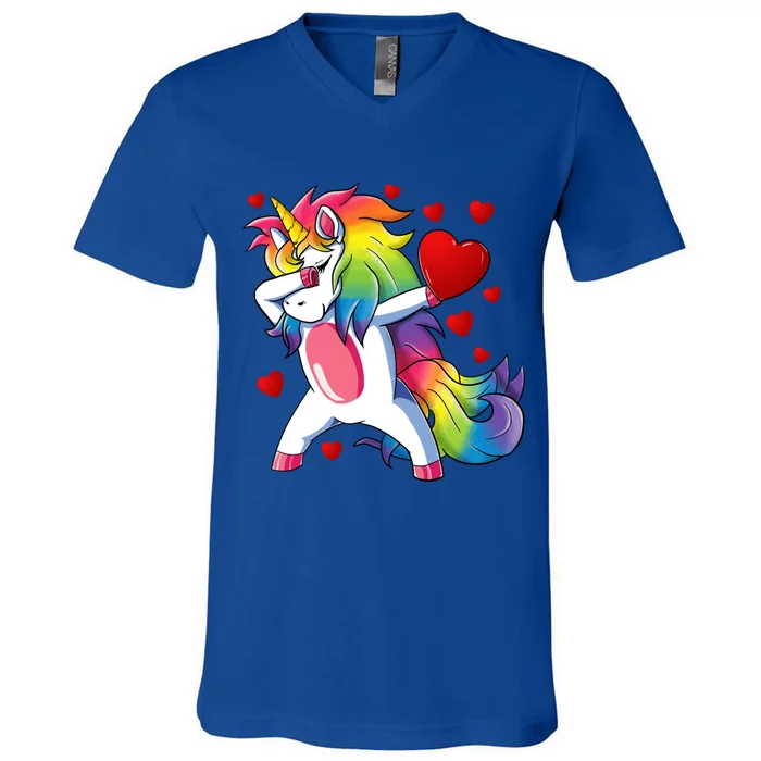 Dabbing Unicorn Heart Valentines Day Rainbow Gift Cool Gift V-Neck T-Shirt