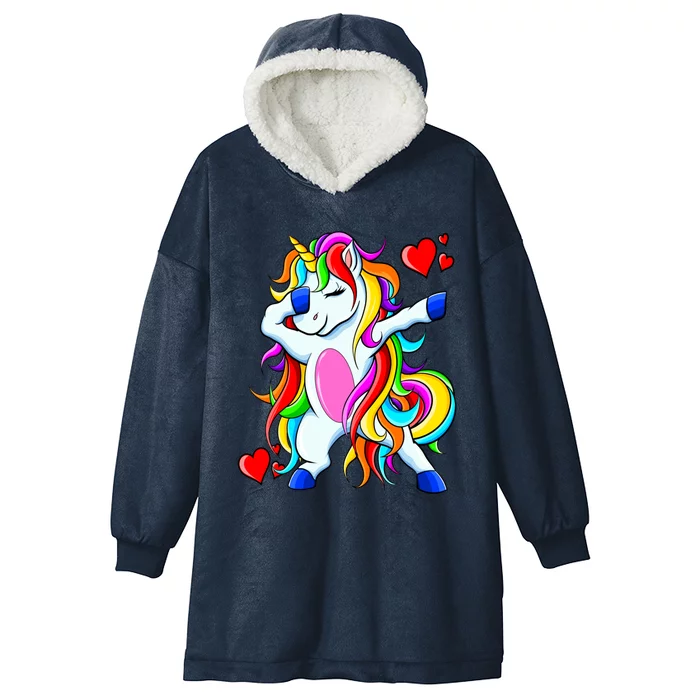 Dabbing Unicorn Heart Valentines Day Rainbow Gift Hooded Wearable Blanket