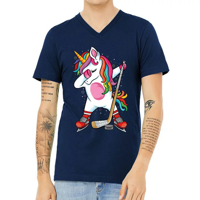 Dabbing Unicorn Ice Hockey Funny Ice Hockey V-Neck T-Shirt