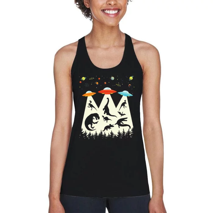 Dinosaur Ufo Lover Retro Alien Abduction Women's Racerback Tank