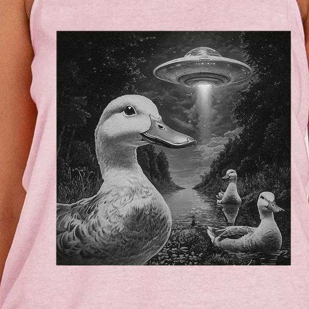 Ducks & Ufos Lakeside Encounter Funny Duck Lover Women's Knotted Racerback Tank