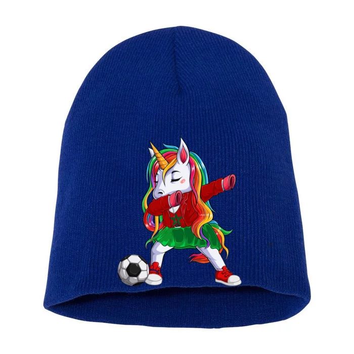 Dabbing Unicorn Morocco Football Soccer Jersey Moroccan Flag Gift Short Acrylic Beanie