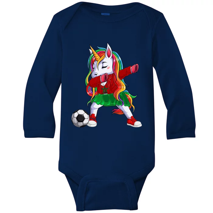 Dabbing Unicorn Morocco Football Soccer Jersey Moroccan Flag Gift Baby Long Sleeve Bodysuit