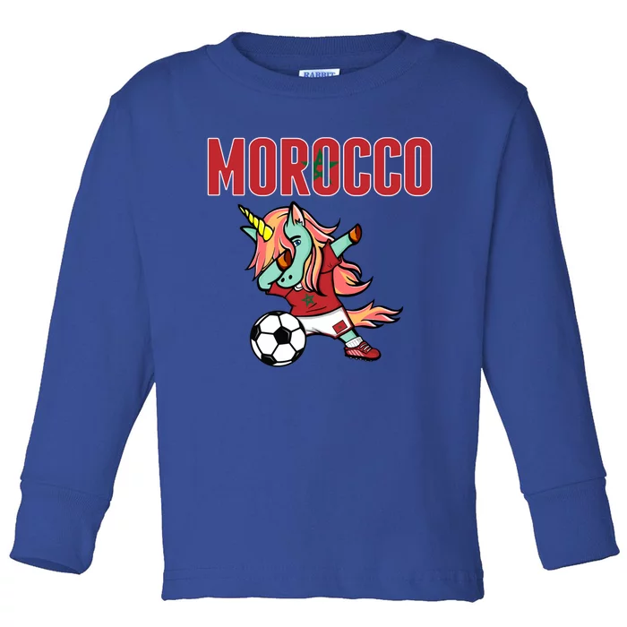 Dabbing Unicorn Morocco Soccer Fans Jersey Moroccan Flag Gift Toddler Long Sleeve Shirt