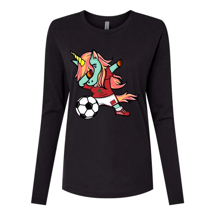 Dabbing Unicorn Morocco Soccer Fans Jersey Moroccan Football Gift Womens Cotton Relaxed Long Sleeve T-Shirt