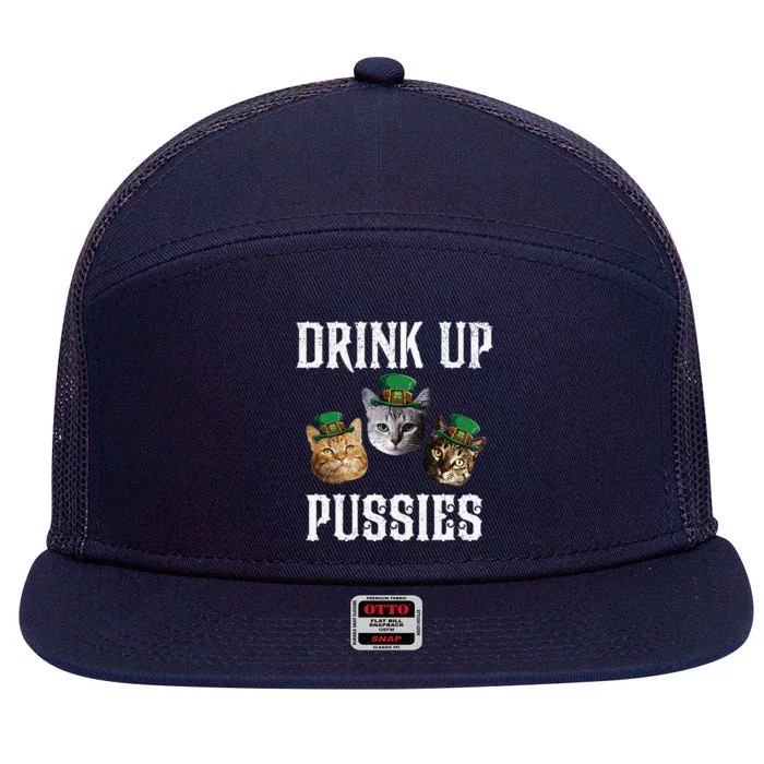 Drink Up Pussies Funny Cat Drinking St Patricks Day 7 Panel Mesh Trucker Snapback Hat