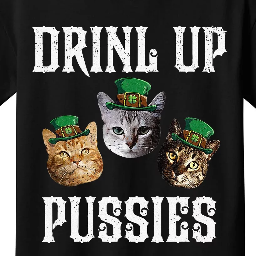 Drink Up Pussies Funny Cat Drinking Saint Patrick's Day Kids T-Shirt