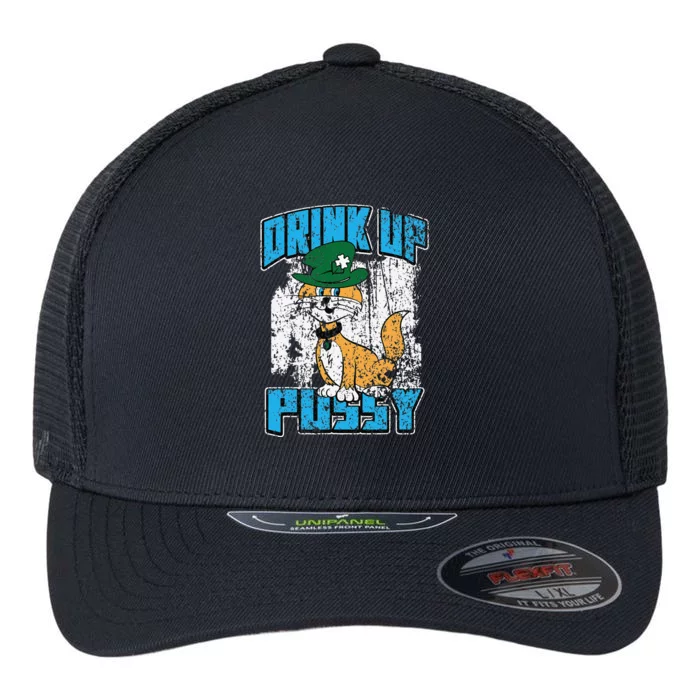 Drink Up Pussy Cat Distressed Saint Patrick's Day Flexfit Unipanel Trucker Cap