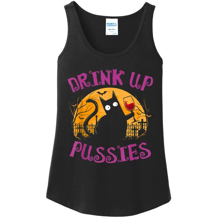 Drink Up Pussies Halloween Party Spook Black Cat Drinking Ladies Essential Tank