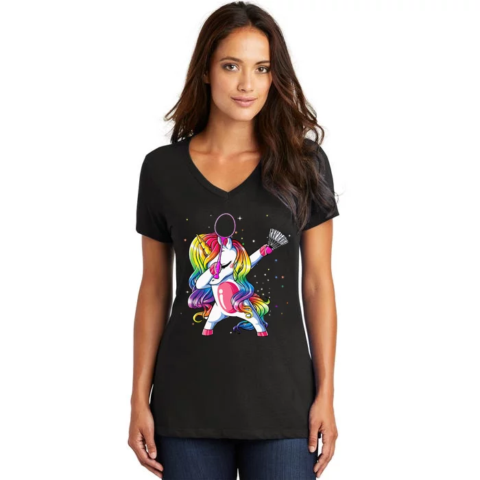 Dabbing Unicorn Playing Badminton Player Lover Matching Women's V-Neck T-Shirt