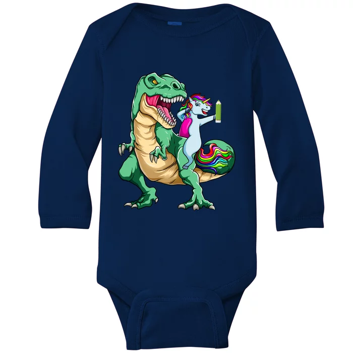 Dabbing Unicorn Riding Dinosaur 100 Days Of School Gift Baby Long Sleeve Bodysuit