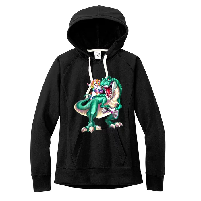 Dabbing Unicorn Riding Dinosaur Gamer Video Game Gift Women's Fleece Hoodie