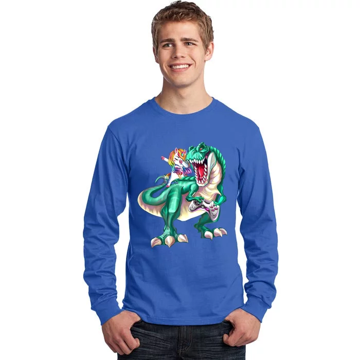 Dabbing Unicorn Riding Dinosaur Gamer Video Game Gift Tall Long Sleeve T-Shirt