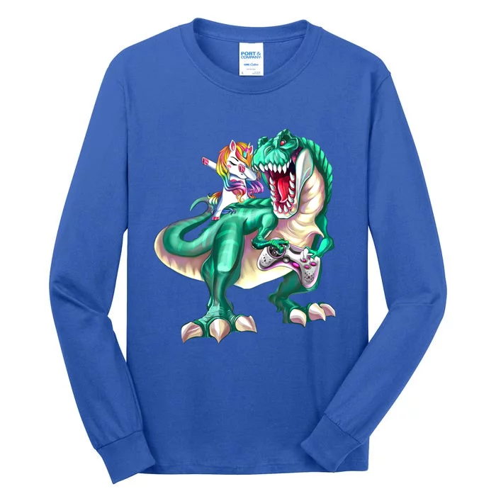 Dabbing Unicorn Riding Dinosaur Gamer Video Game Gift Tall Long Sleeve T-Shirt