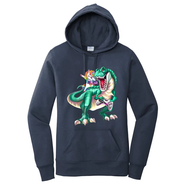 Dabbing Unicorn Riding Dinosaur Gamer Video Game Gift Women's Pullover Hoodie