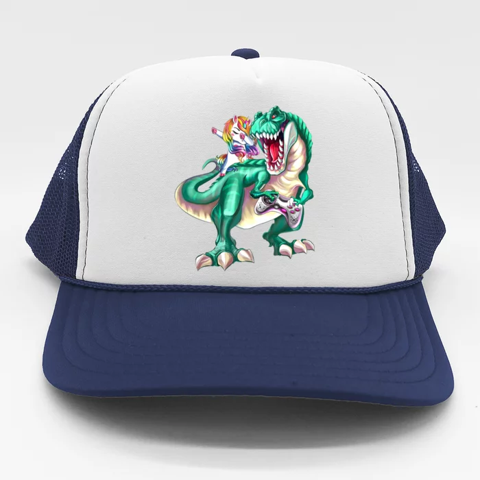 Dabbing Unicorn Riding Dinosaur Gamer Video Game Gift Trucker Hat